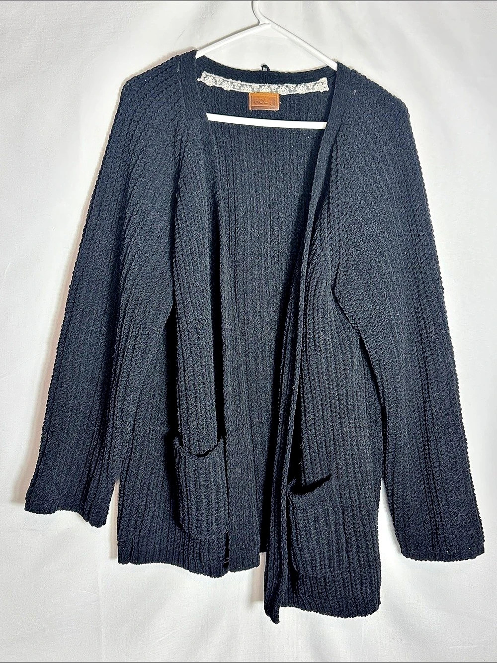 POL Clothing Black Open Front Knit Cardigan Sweater Boho Style Large